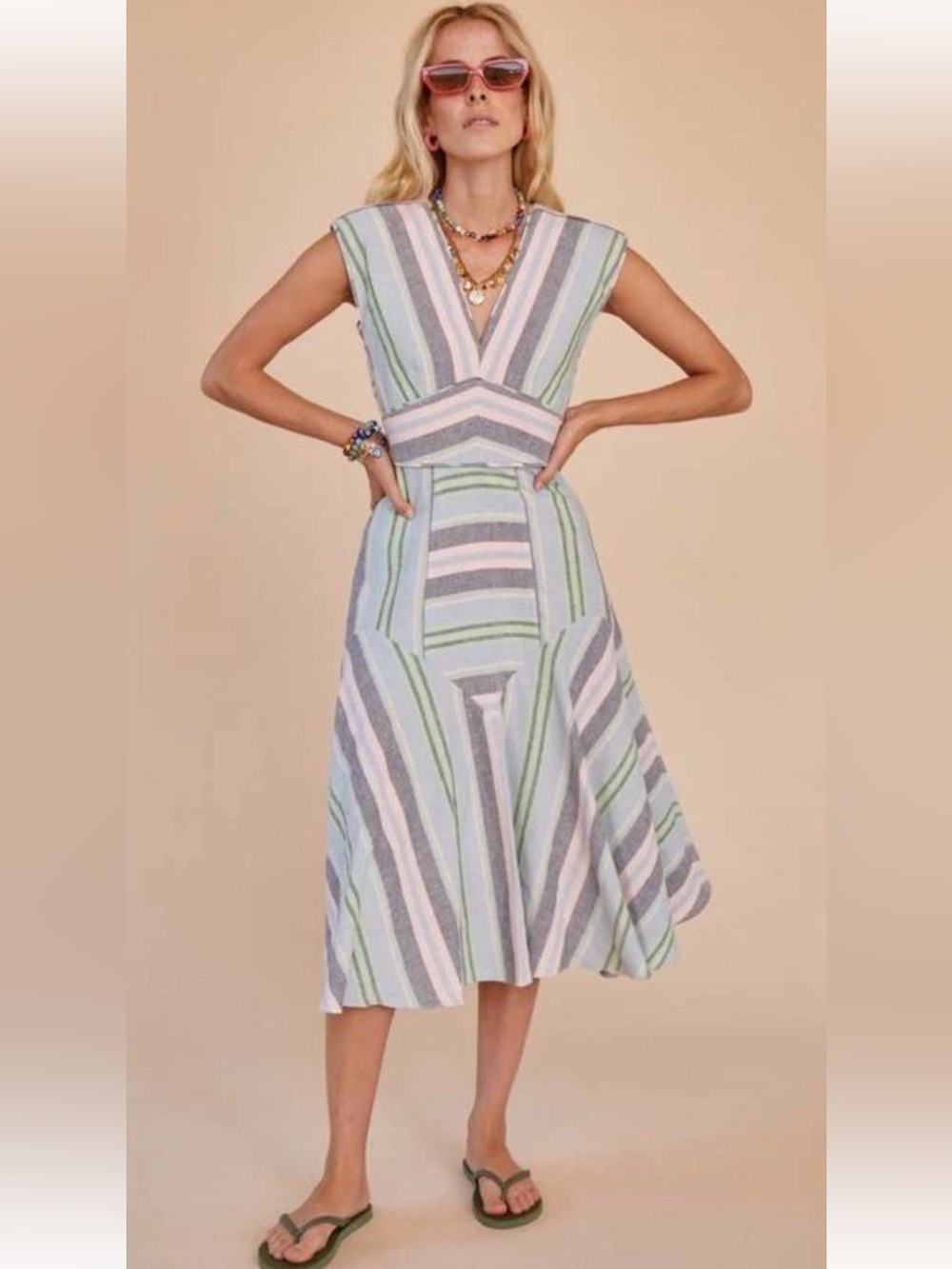 HUNTER BELL Jordan Midi Dress Pastel Stripe Linen Cotton Sz 6